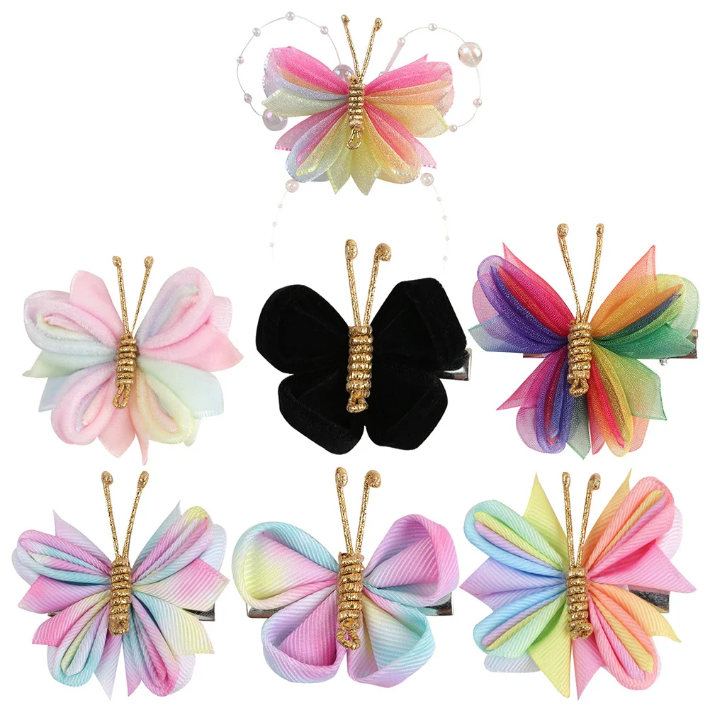 

7pcs Butterfly Hair Accessories Fabric Wings Alloy Body Clips for Girls Women Daily Party Shiny Decorative Barrettes