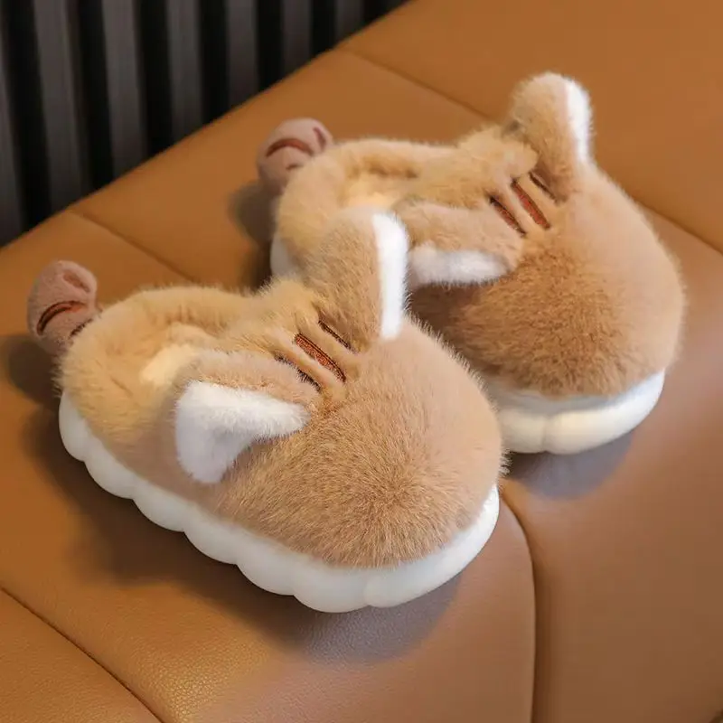 2024 New Children's Winter Boatou Home Cotton Slippers Boys And Girls Soft Sole Non Slip Cartoon Plush Warm Fluffy Slippers