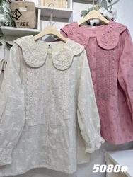 New Summer Cotton Long Sleeve Shirt, Women Peter Pan Collar Embroidery Tops, Mori Girl Lace Sweet Loose Blouses, Autumn T47846QC