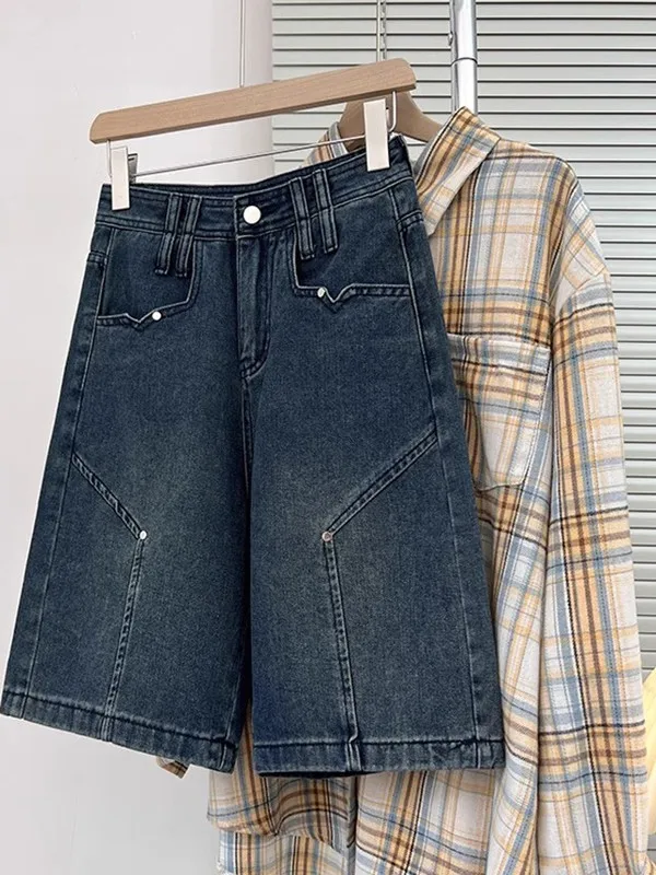 

High Waist Wide Leg Denim Shorts Women's Summer plus Size Vintage American Style Slimming Straight Five-Quarter Mid-Pants