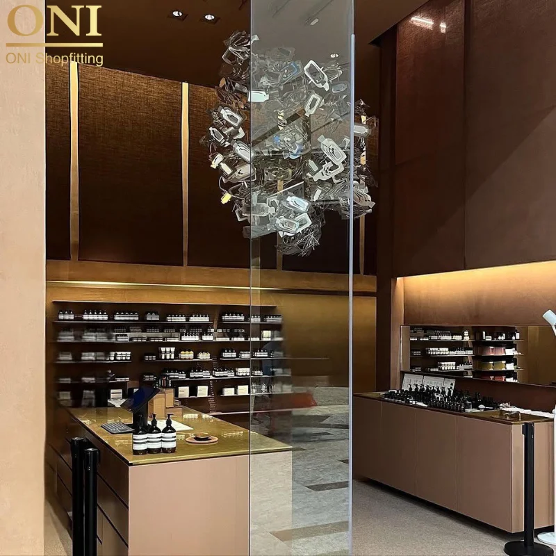 custom.ONI Shopfitting Hot Sale Customized Cosmetic Display Center Cosmetic Store Wooden Display Showcase Cabinet Furniture