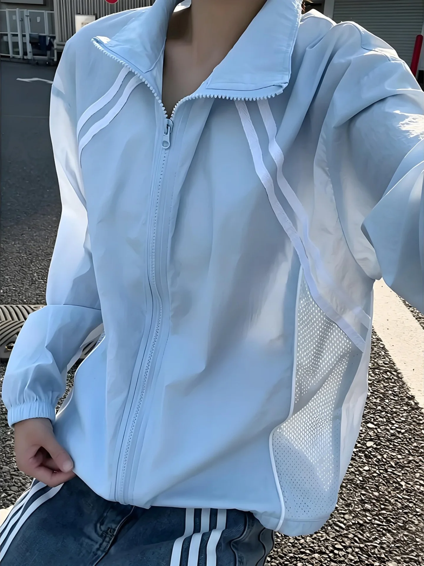 アメリカンスタイルのアウトドアスポーツ日焼け止め服メンズ夏メッシュ速乾通気性襟ストライプ薄いジャケット