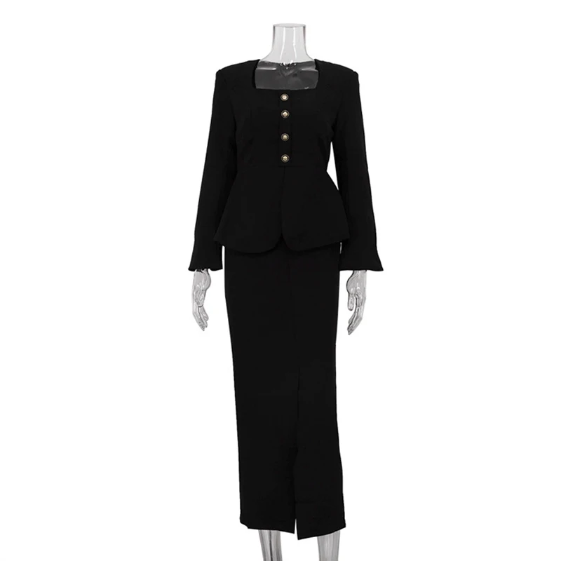Fashion Hip Hugging Half Skirt Outfit Spring Women Long Sleeved Square Neck Coat+High Waist Knee Bust Skirt Autumn Two Piece Set