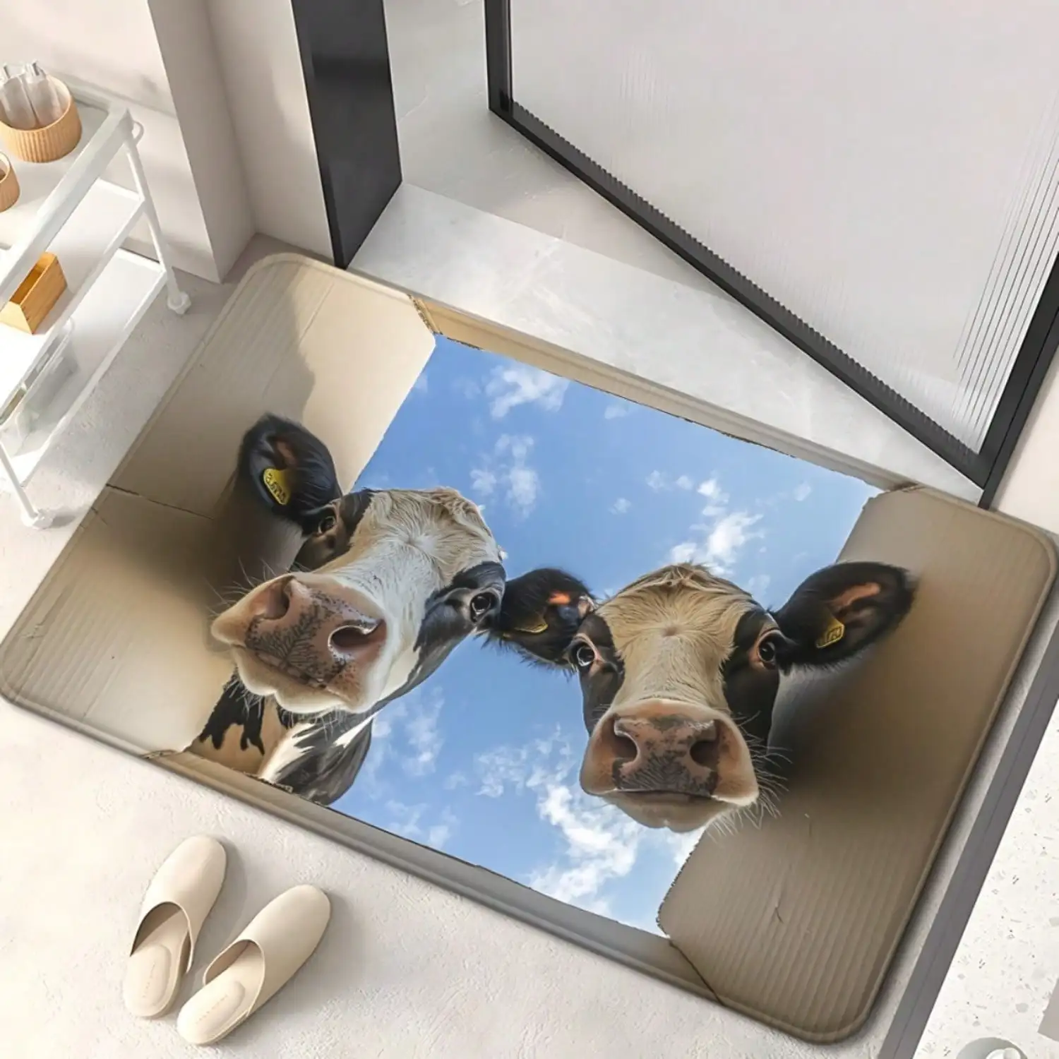 Single Piece Of Cow-Themed Door Mat Featuring A Field Backdrop. This Non-Slip Bathroom Mat Is Made Of Microfiber, Absorbent, And Machine Washable, Suitable For
