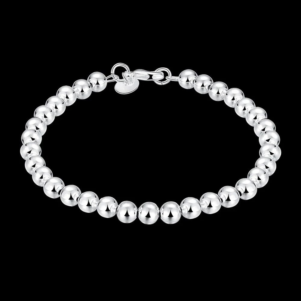 Hot Fashion 6mm Beads Chain 925 Sterling Silver Bracelet For Men Woman Wedding Party Christmas Gifts High Quality Fine Jewelry