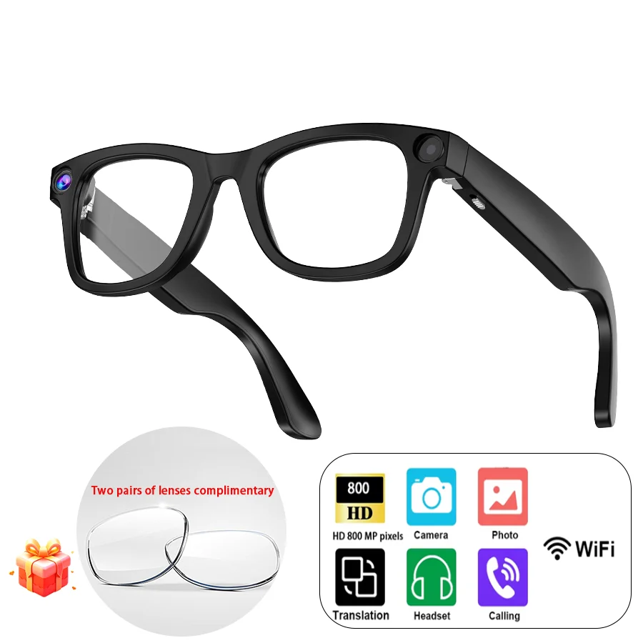 AI Smart Glasses with 800W HD Camera 1080P Video Voice Control Bluetooth/Wi-Fi 230mAh Fast Charging Lightweight Hands-Free