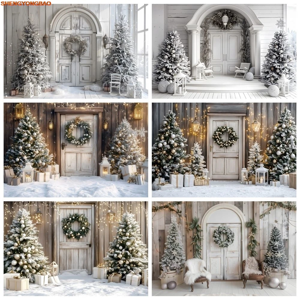 

Christmas Photography Backdrop Xmas Tree White Vintage Wall Wood Door Interior Baby Portrait Family Party Photo Background Decor