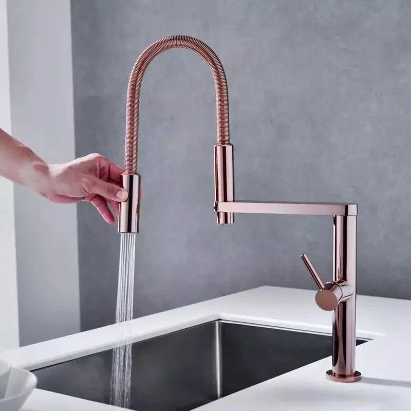 Custom Promotion Rose Gold Spring Pull Down Kitchen Taps Pre Rinse 360 Degree Rotating Kitchen Faucet
