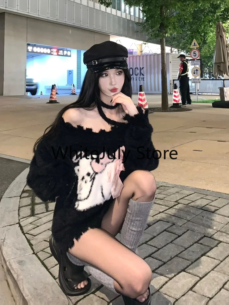 Y2K Knitted Clothes Women Casual Long Sleeve Sweet High Street Loose Pullover Outwear Oversized Black Sweater 2023 Autumn Chic