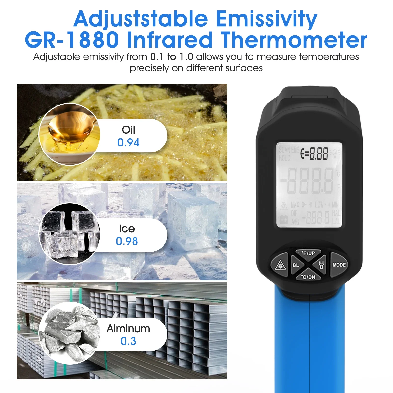 

50:1 Infrared with Adjustable Emissivity -122 to 300 HoldPeak HP-1880 Industrial Laser Thermometer for HVAC and Ovens
