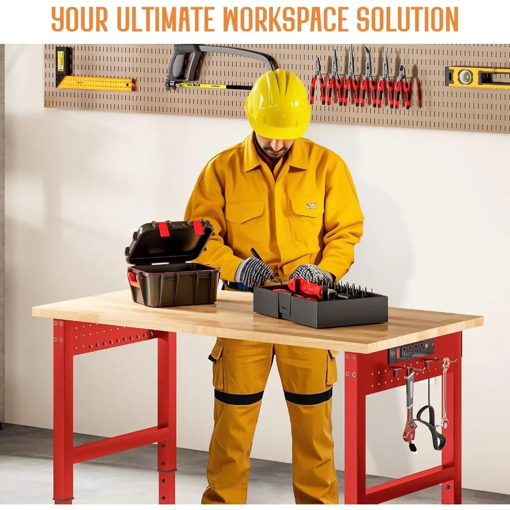 منضدة عمل شديدة التحمل قابلة للتعديل مع 4 منافذ طاقة USB، سعة 2000 رطل، سطح خشبي مطاطي، مصنوعة للاستخدام الصناعي #2