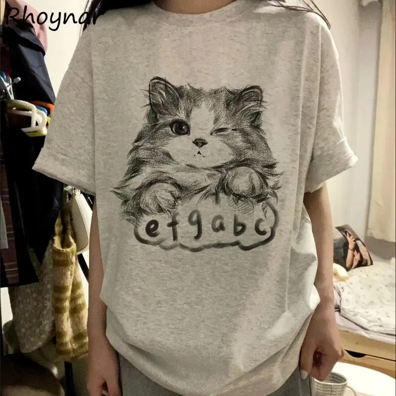 Printed Short Sleeve T-shirts Women Summer Sweet Students Casual All-match Daily Simple Korean Style High Street Lovely Couples