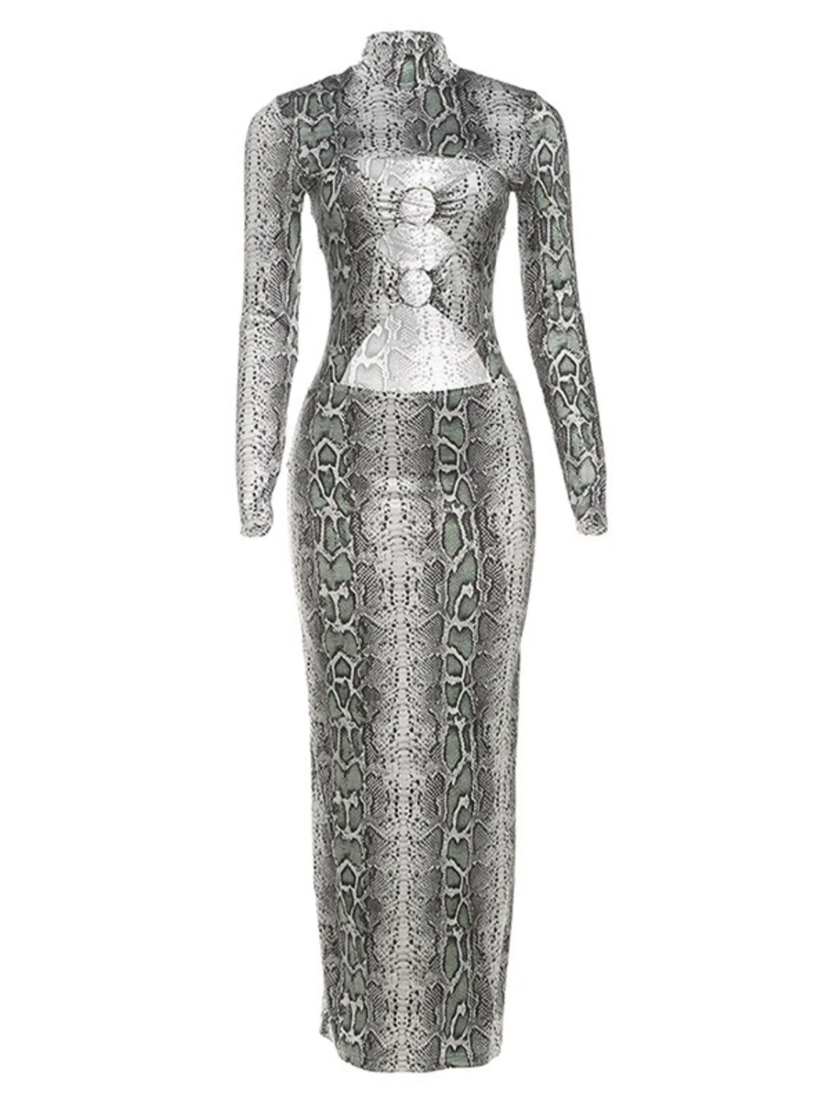 SsTss Fashion Women Snake Print Long Dress Sexy Turtleneck Long Sleeve Metal Circle Cut Out Slim Bodycon Midnight Party Dresses