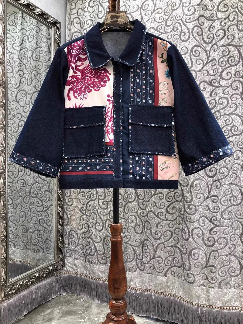 

Top Quality New Denim Jackets 2025 Spring Women Turn-down Collar Vintage Prints Half Sleeve Pocket Patchwork Blue Jeans Coat