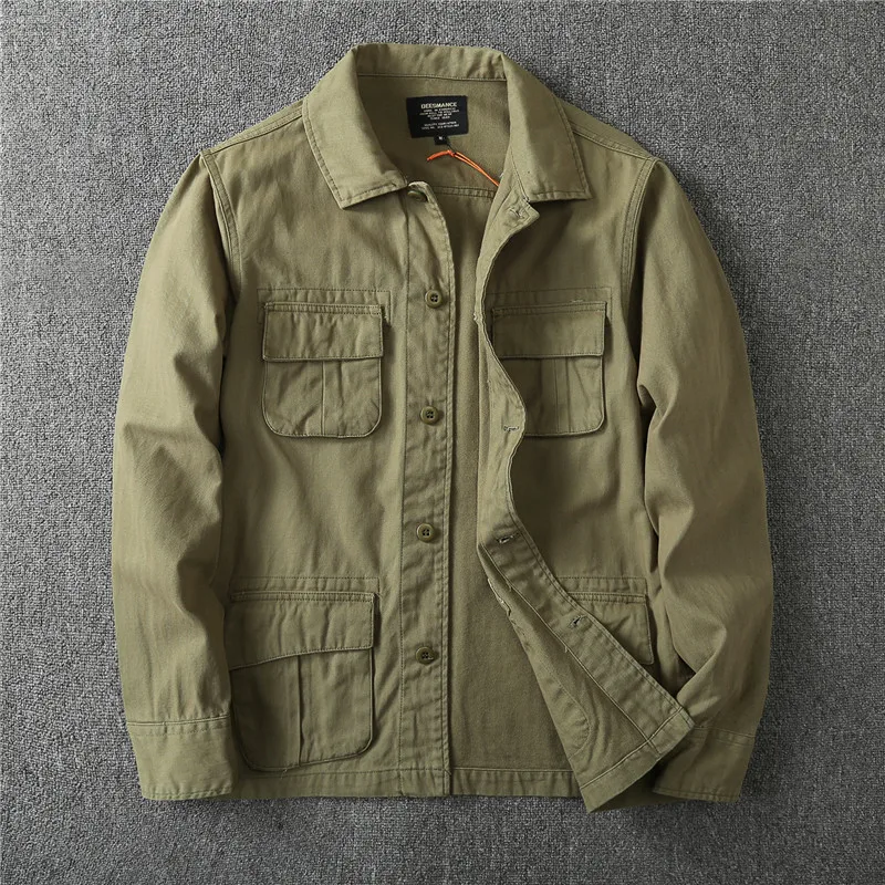 

Retro Men's Autumn Cargo Jacket Safari Style Multi Pockets Work Wear Cotton Woven Loose Casual Jackets Fashion Outerwear