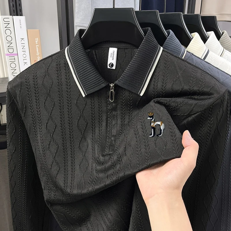 Hochwertiges Herren-Poloshirt mit Stickerei-Print, einfarbig, Jacquard, langärmelig, halber Reißverschluss, Kragen-T-Shirt, lässige Mode für Herren. – Detail 11