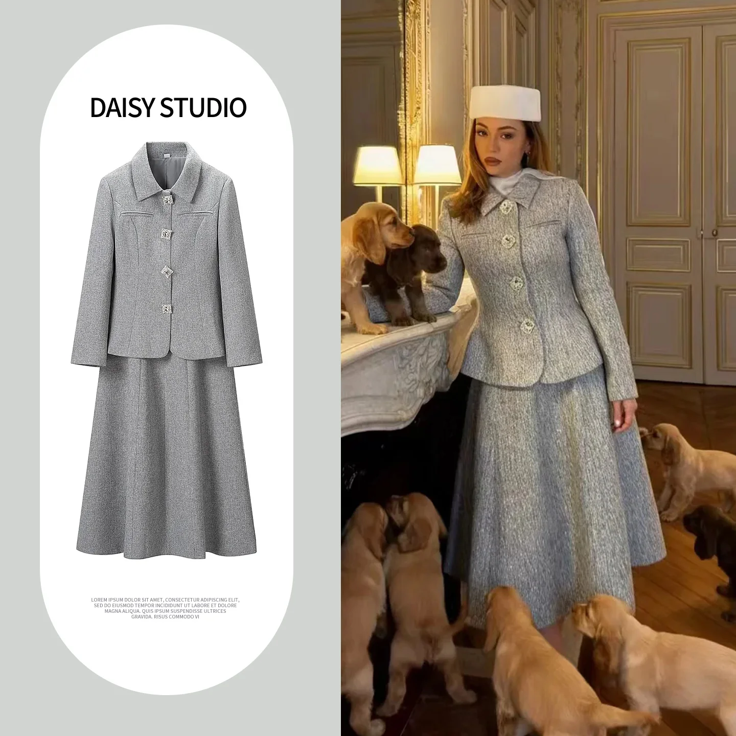 

Spring Summer New Women's British Style Long Sleeve Notched Collar Single Button Woolen Coat Long Dress Set High Waist