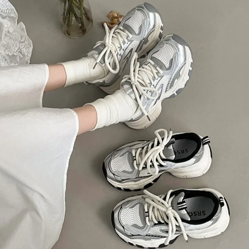 

Women Vulcanized Shoes Fashionable Thick Sole New Mesh Lightweight and Height Increasing Casual Sports Dad Shoes