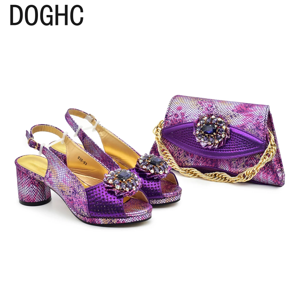 Purple Shoe and Bag Set for Party in Women African Shoe and Bags Set for Party Elegant Rhinestone Wedding Shoes Bride