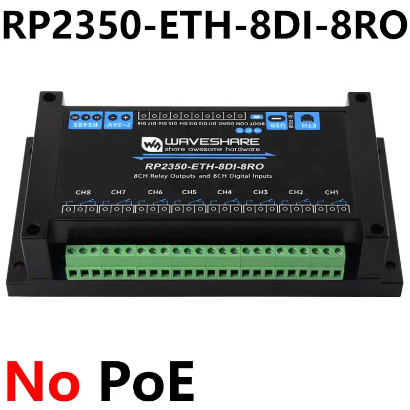 Industrial 8-Ch RP2350 Relay Module Based On RP2350B Dual-core IOT LAN Supports Digital Input DIO RS485 RJ45 Ethernet POE
