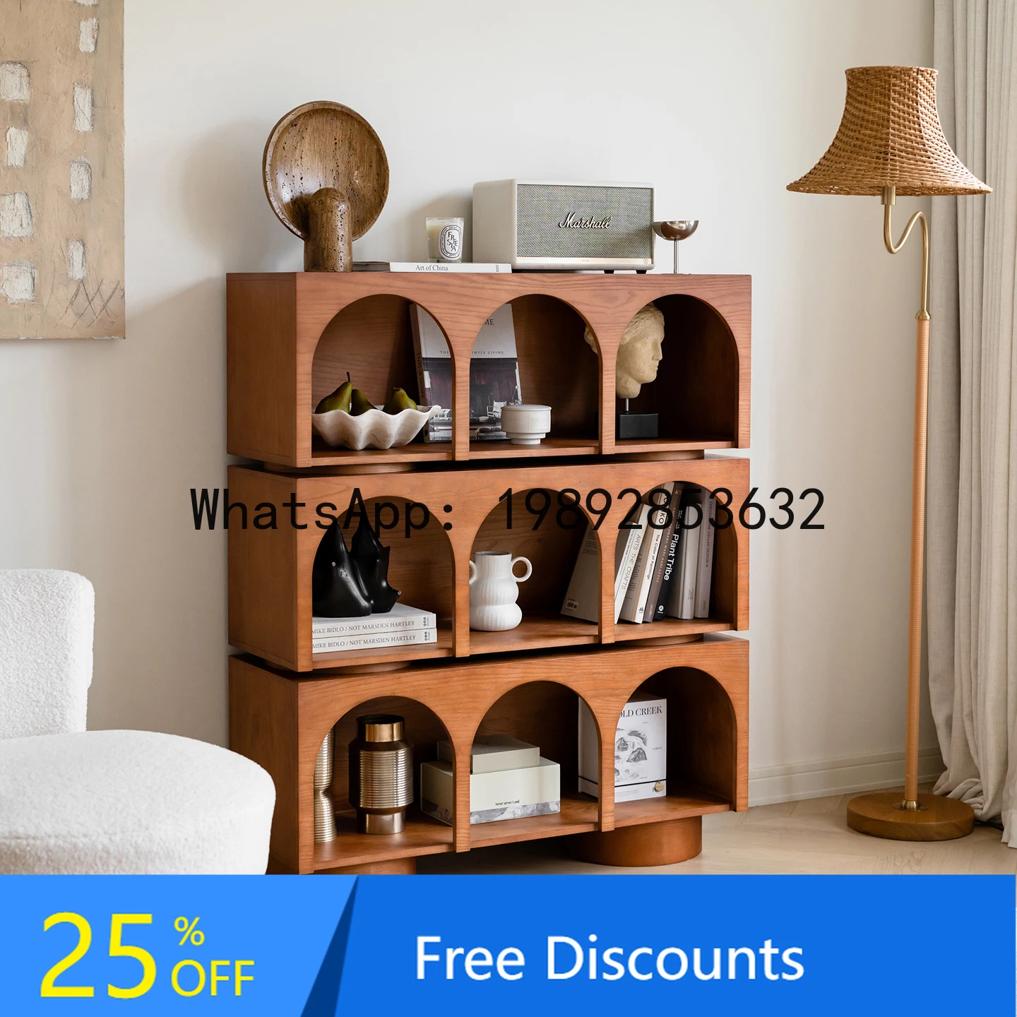 

Vintage Arched Bookshelf Living Room Multi-layer Storage Cabinet Solid Wood Shelf Floor Display Rack