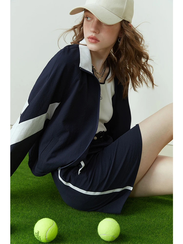 FSLE Korean Sportswear Suit for Women Spring Autumn Casual Fashion College Style Contrasting Color Design Two-piece Set Female