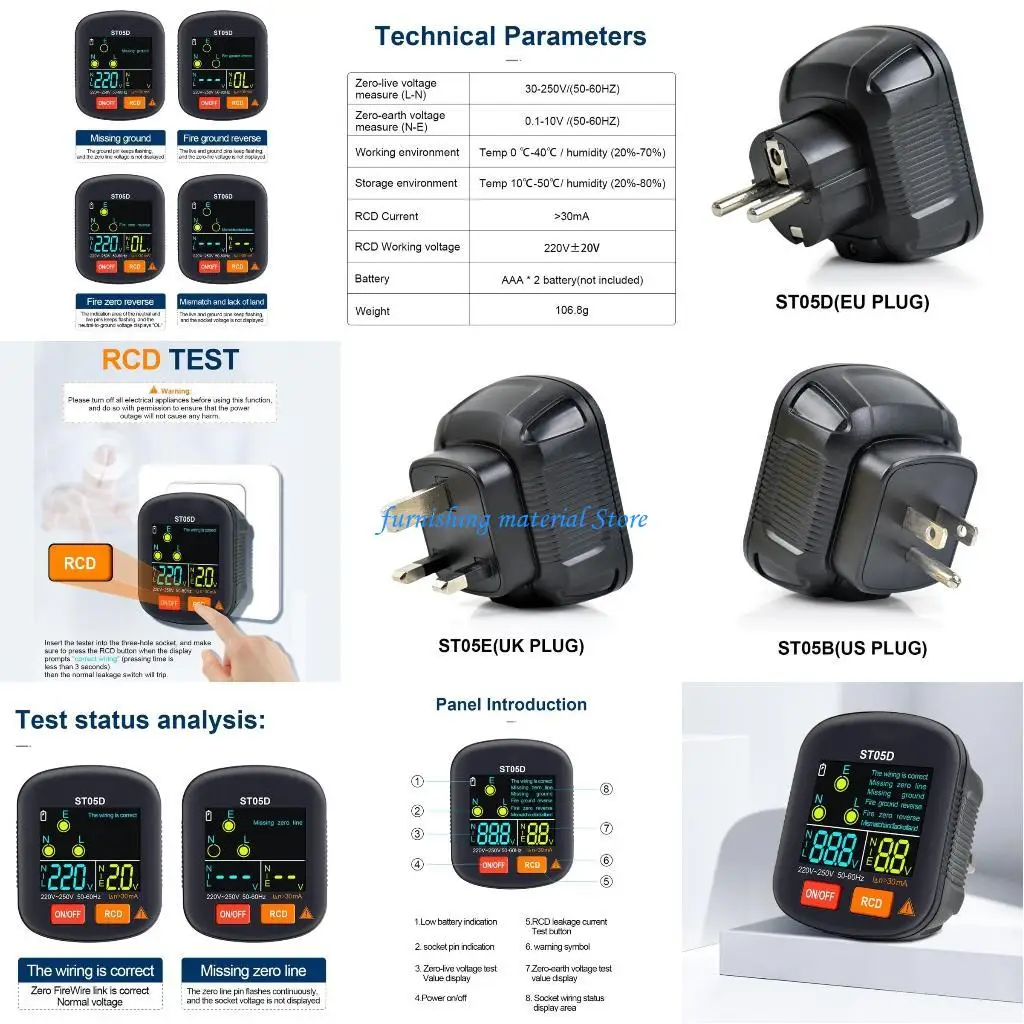 

Y5GD Digital Display Socket Tester Outlet Tester RCD GFCI NCV Test EU/US/UK
