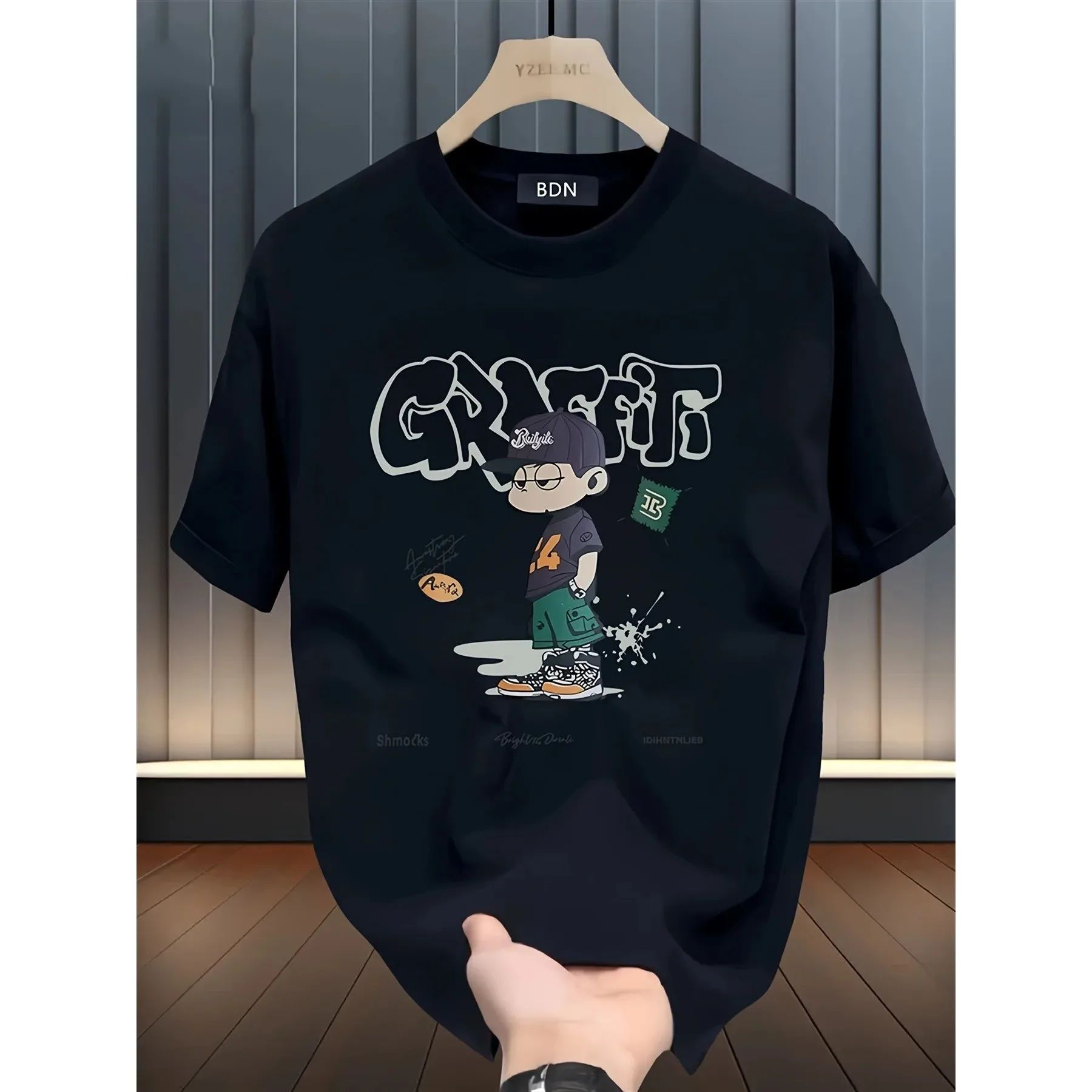 Graffiti Cartoon Print Men's Graphic Tee Summer Short Sleeve Pure Cotton T-Shirt Versatile