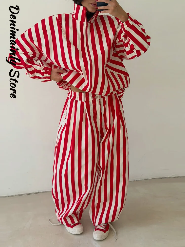 Women's Contrasting Stripe 2 Piece Pant Set Loose Stand Collar Zipper Long Sleeve Coats Wide Leg Pants 2026 Autumn Lady Suit New
