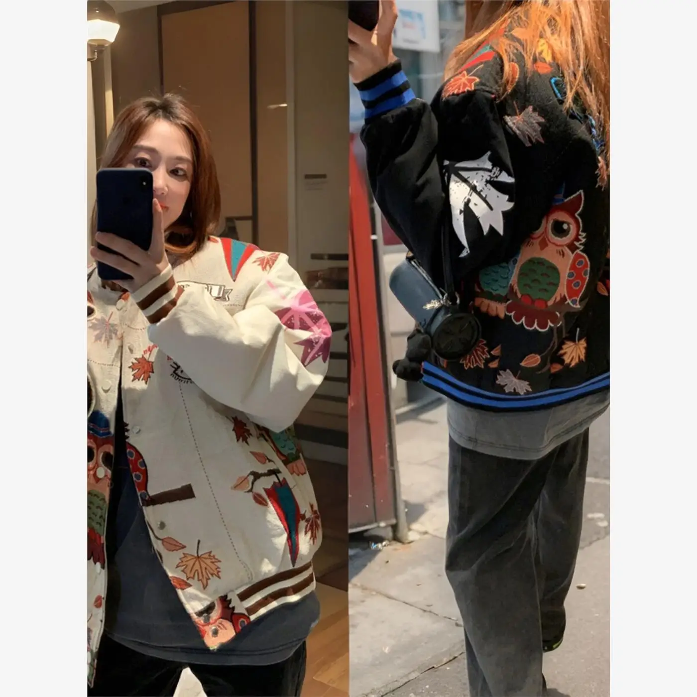 

Loose Owl Printed Baseball Jaet for Men And Women Spring Autumn New Sle Oversize Coat Casual Faion Outerwear