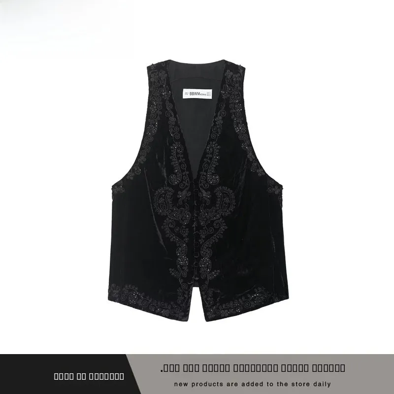 

Faionable Limited Edition Embroidered Velvet Vest New Arrival Autumn Winter Women's Street Sle ort Length Single Button