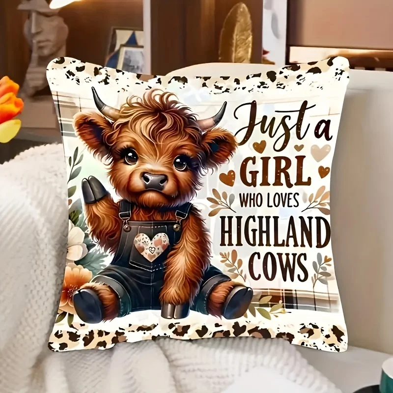 1pc Highland Cow Cute Pet Printed Throw Pillow Cover,Suitable for Sofa,Bedroom,Living Room,a Lovely Gift for Highland Cow Lovers