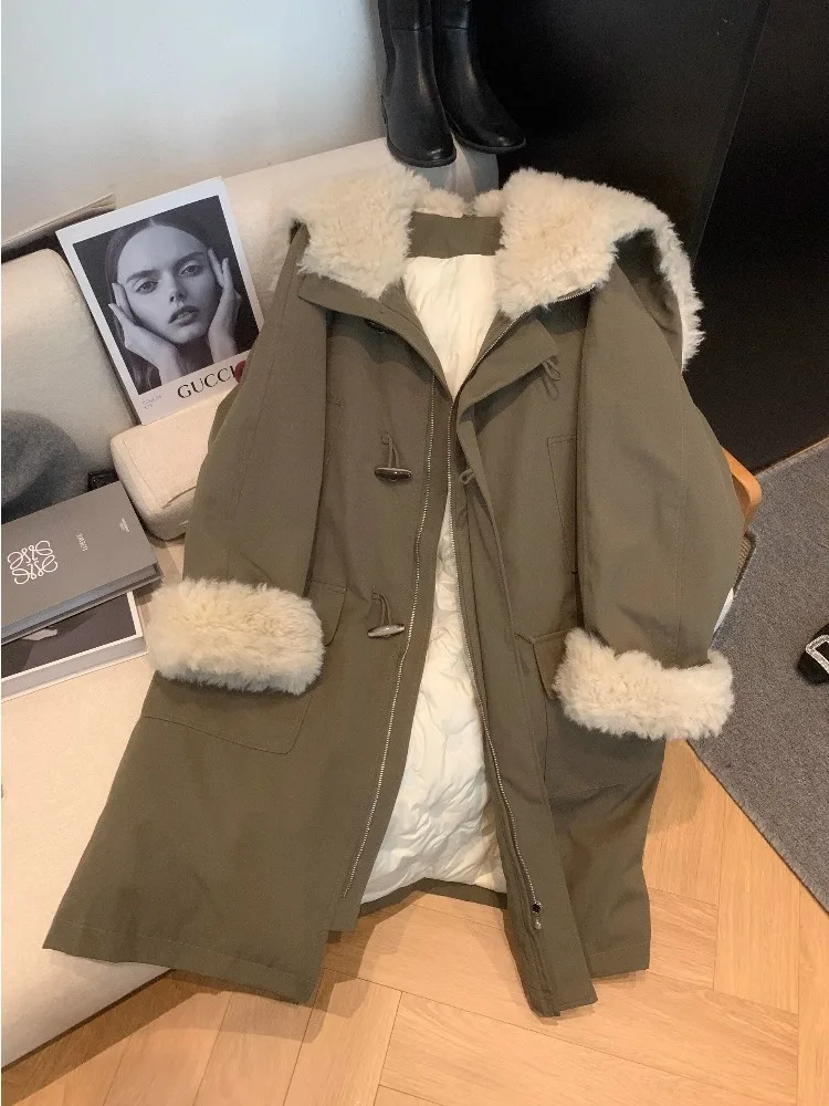 Winter coat new imitation lamb wool spliced cotton jacket medium long versatile parka overcomes trend women's cotton jacket