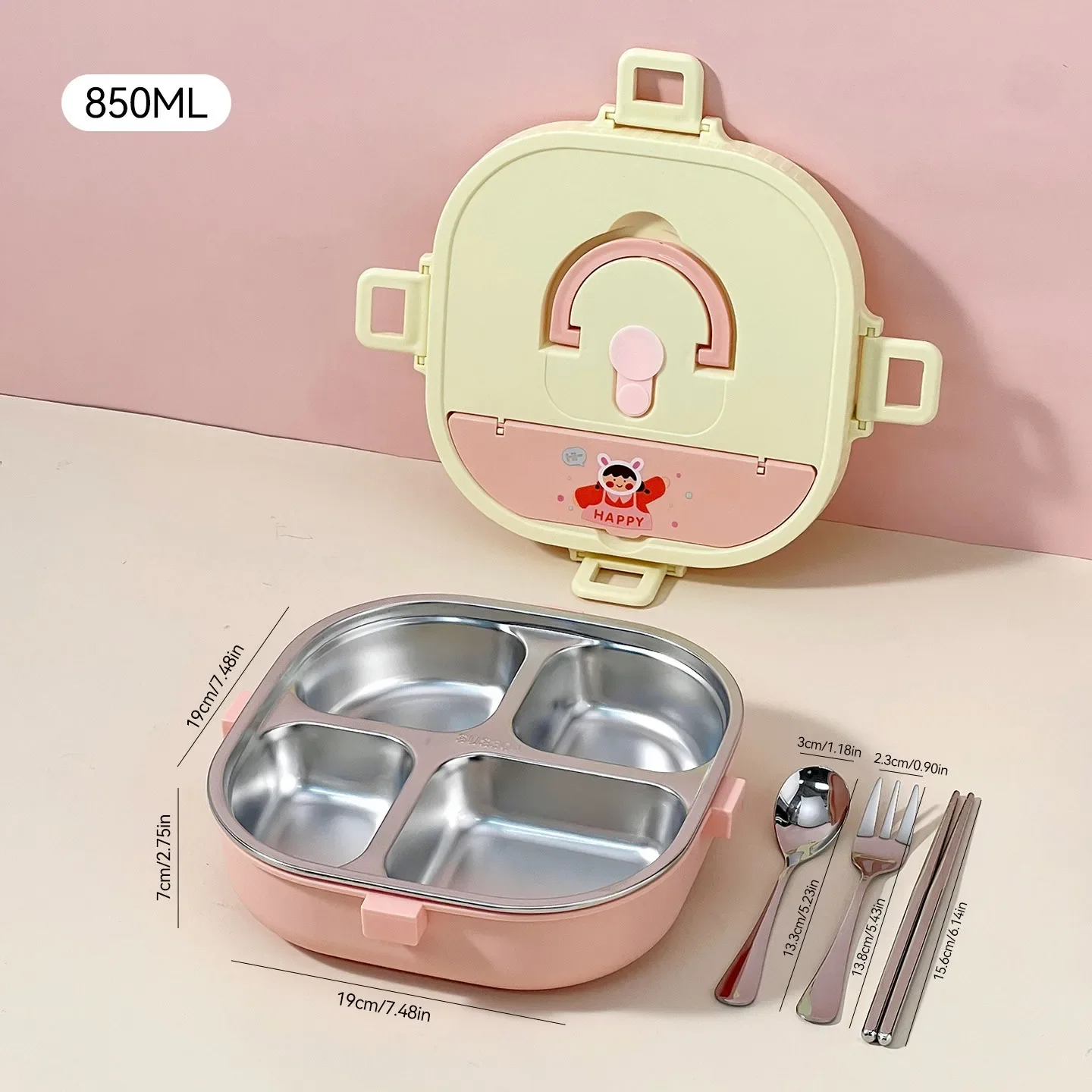 3/4 Raster Verzegelde 304 RVS Voedselcontainer voor Studenten Vierkante Verdeelde Bento Lunchbox Met Bestek Magnetronbestendig
