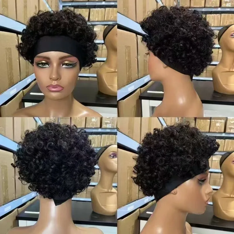 

Curly Human Hair Full Machine Made Wig Natural Color Breathable Comfortable Headband Wig for Black Women Daily Styling Vacation