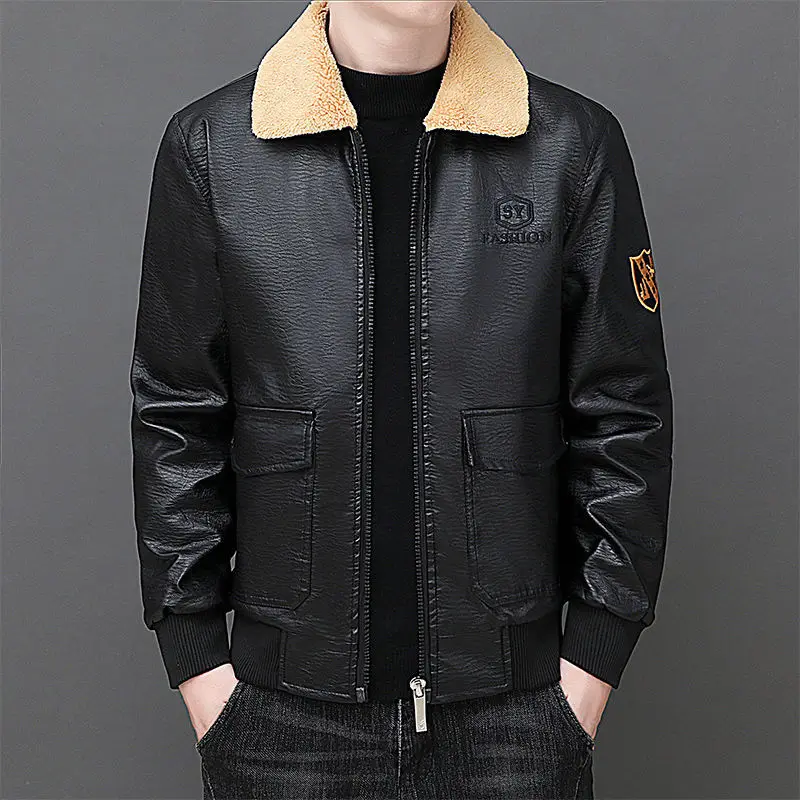 

2023 New Men High Quality Leather Coat Winter Plus Velvet Thicken Fur Integrated Men PU Leather Jacket Casual Large Size Outwear