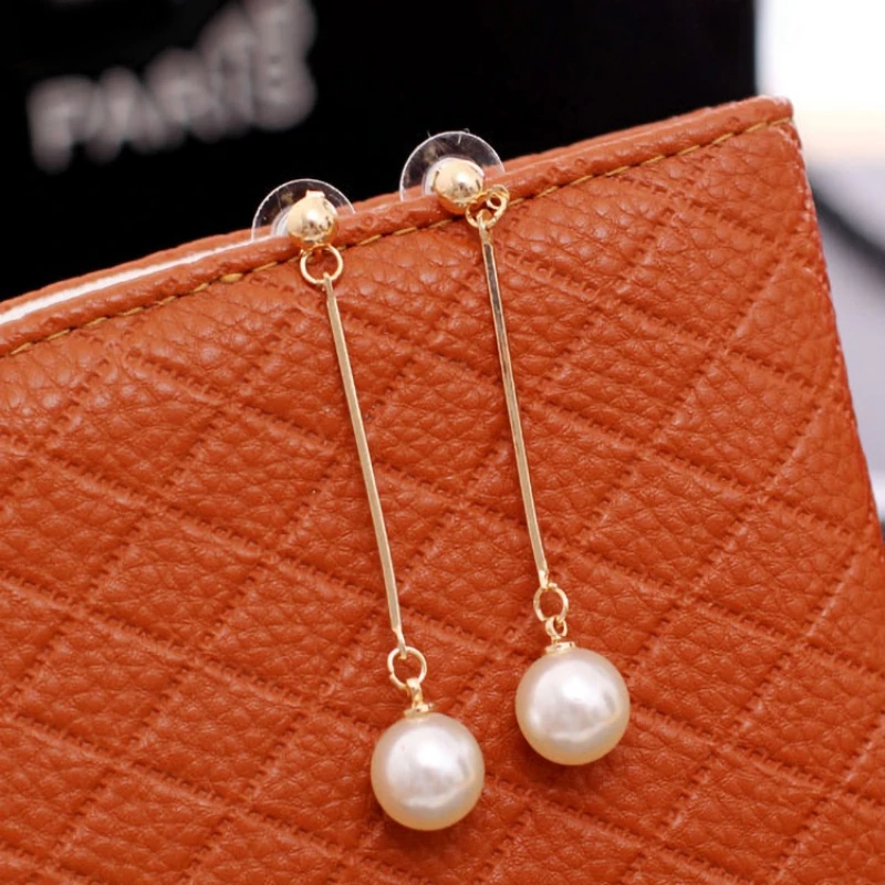 NEW Korean Metal Bar Tassel Long Imitation Pearl Drop Earrings for Women Simple Ear Jewelry Trend Creative Accessories