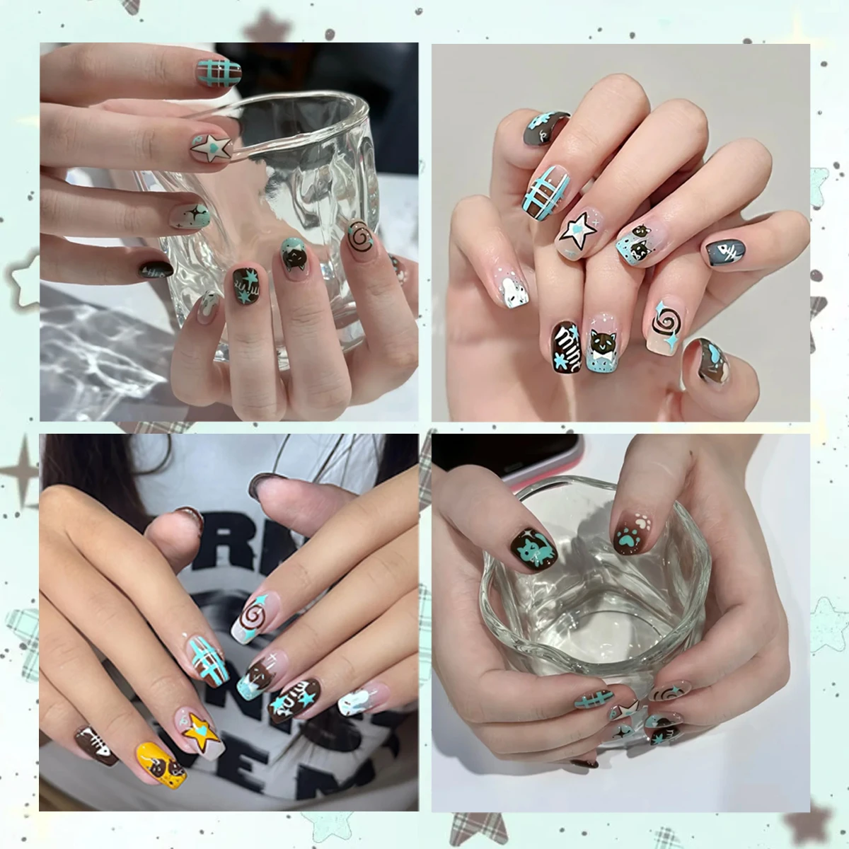 3/6 ورقة النعناع الشوكولاته لهجة مسمار الفن ملصقات، 5D تنقش لطيف القط الدب القوس ستار مسمار الشارات لأظافر الجل البني Kawaii #3