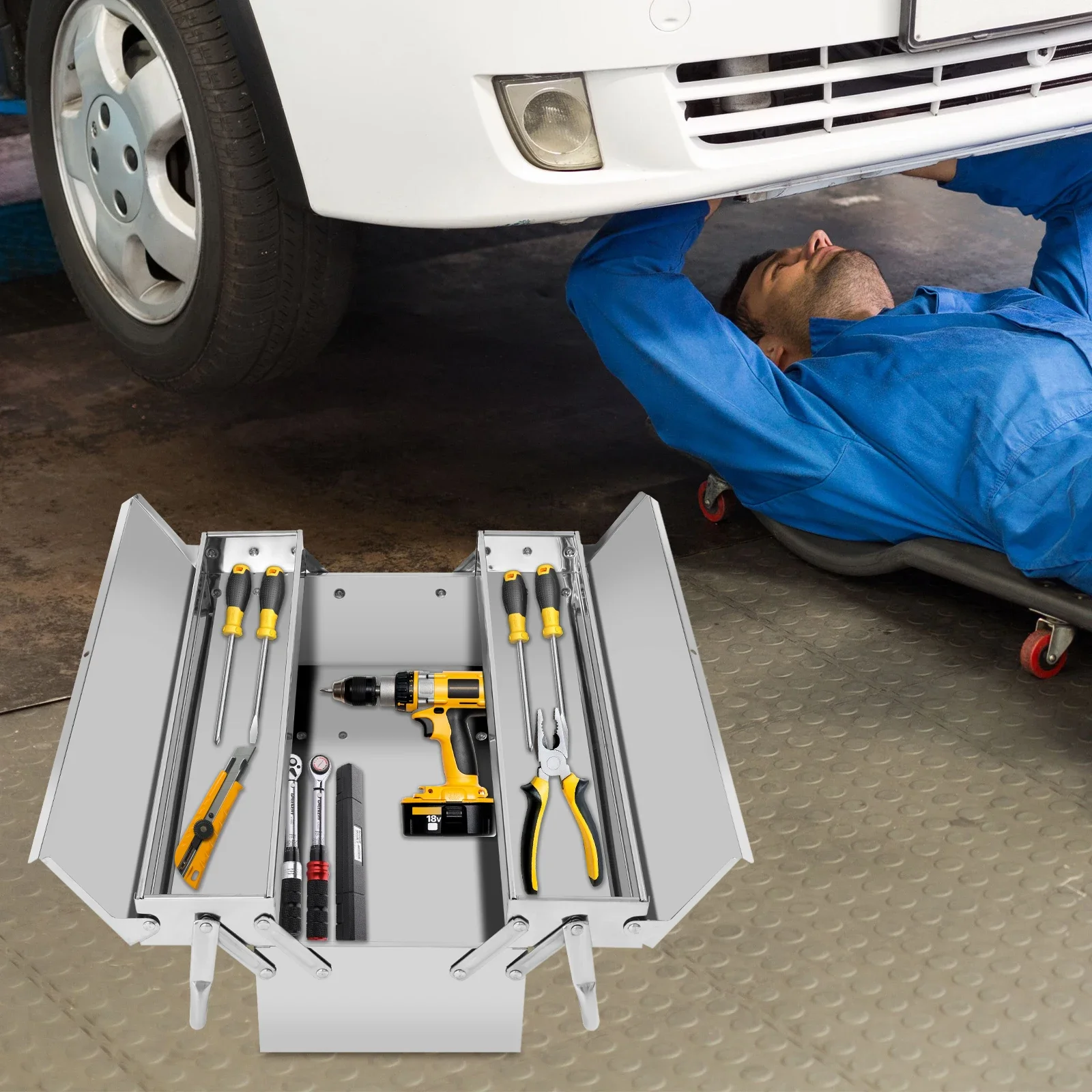 53x20cm Two-tier Multi-Function Tool Organizer Tool Storage Box Folding Tool Box Stainless Steel Tool Storage Box