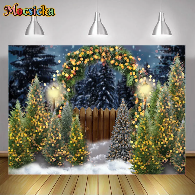 

Merry Christmas Backdrop for Photography Heavy Snow Winter Pine Tree Forest Bokeh Xmas Background for Happy New Year's Eve Party