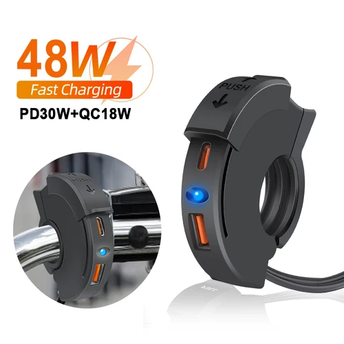 Imagen 1 del producto Cargador rápido USB para motocicleta PD QC3.0 de 48W, manillar de motocicleta, conector de enchufe de puerto tipo C resistente al agua con interruptor/luz LED