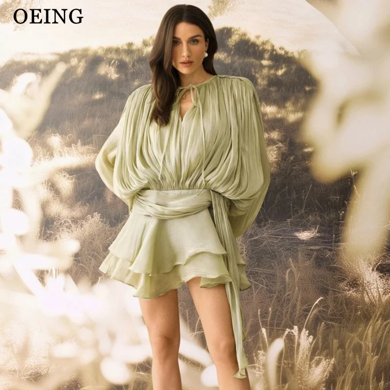 

OEING Modern A-Line Prom Dresses Light Green High Neck Pleats Mini Tiered Birthday Party Dresses robes de soirée Customized