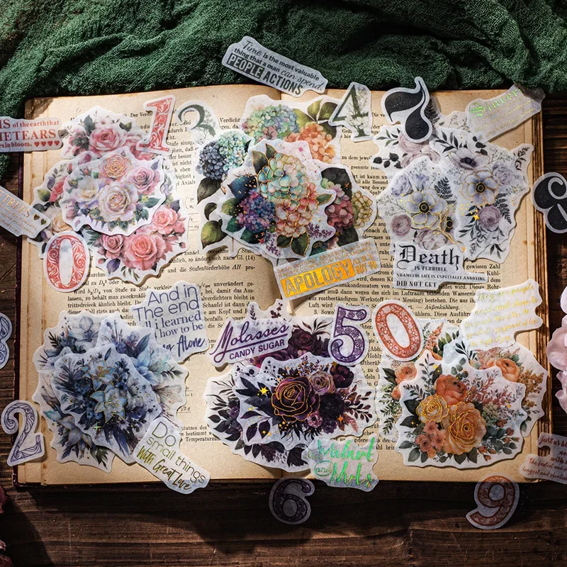 Letras e números Flor Pacote de Adesivo Decorativo, DIY Handbook Material, Etiqueta de Scrapbooking de Arte Floral Vintage, Diário