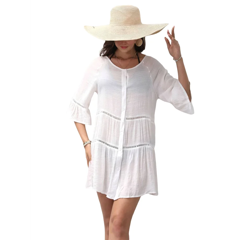 AG-Mulher verão botão para baixo camisa vestido oco mini vestido 3/4 manga sino vestido em camadas solto vestido de praia