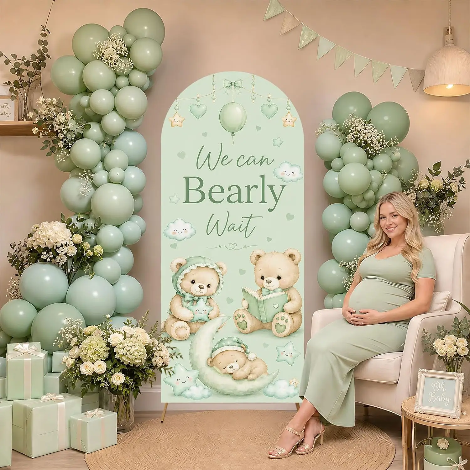 We Can Bearly Wait Arch Backdrop Cover Bear Green Baby Shower Background Decor Custom 2-sided Gender Reveal Party Photo Prop