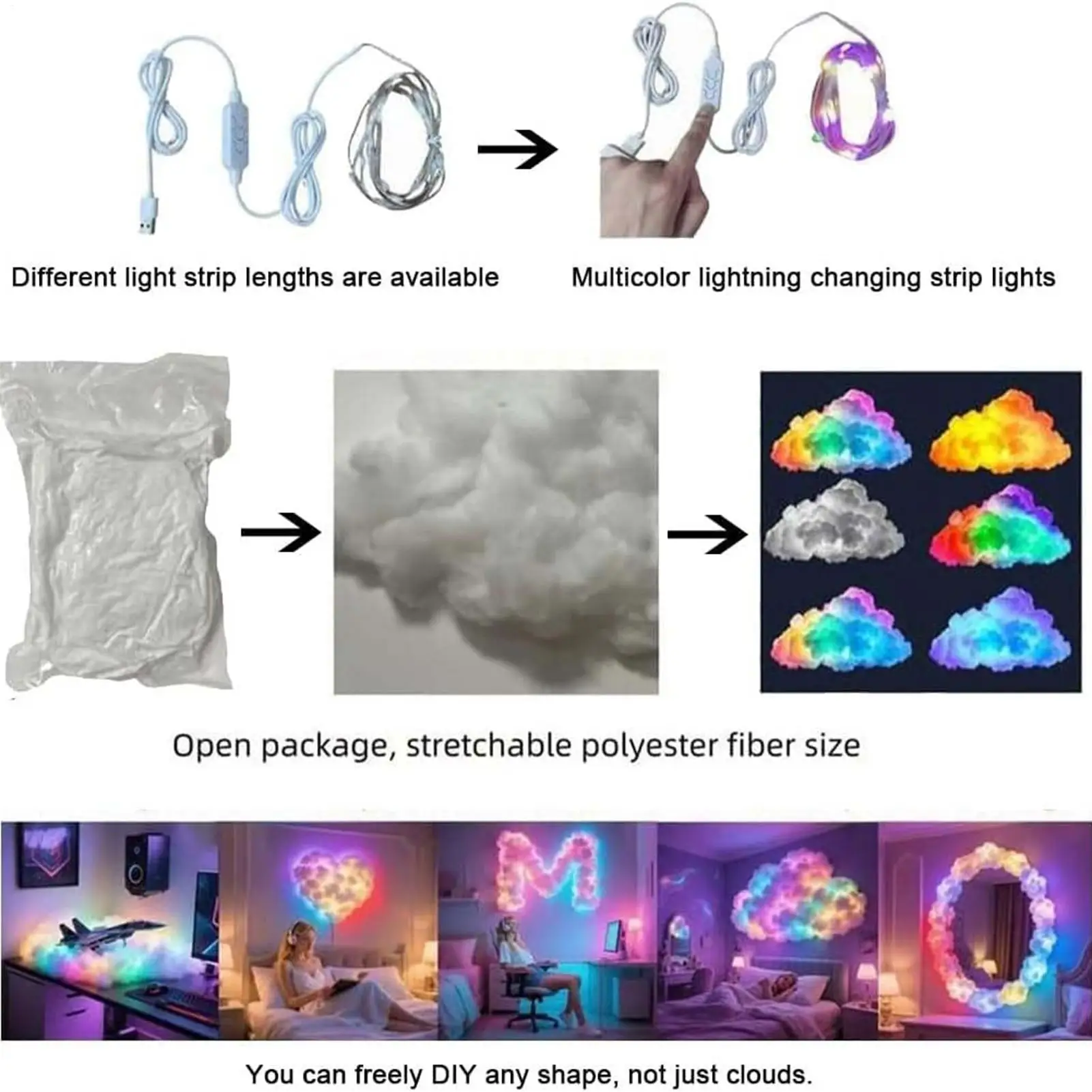 

Светодиодные облака для потолка 3D USB Thundercloud Лампа Набор Многоцветный динамический свет для рабочего стола Потолок Спальня Гостиная Офис