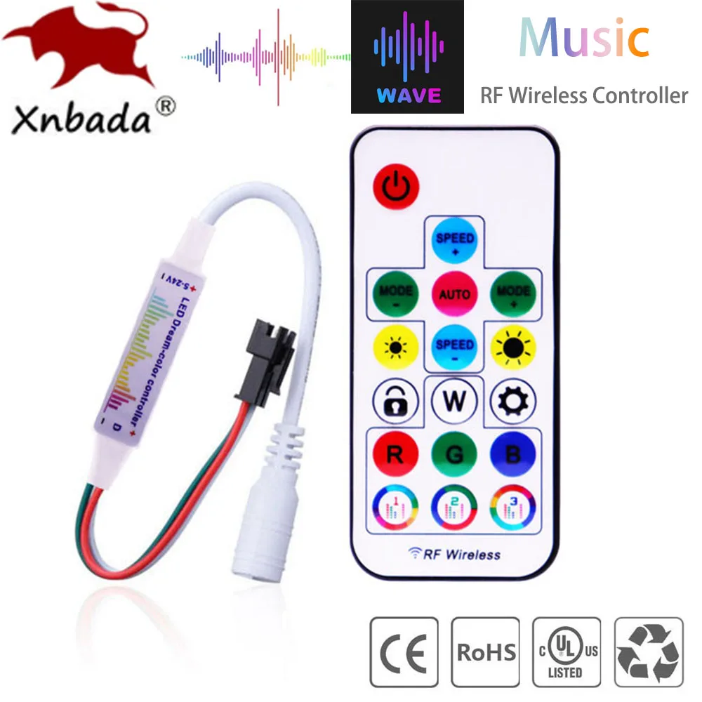 WS2812B WS2811 5050 taśma Led RGB kontroler muzyki MINI 17 klawiszy pilot RF 370 trybów zmiana DC/USB DC5-24V