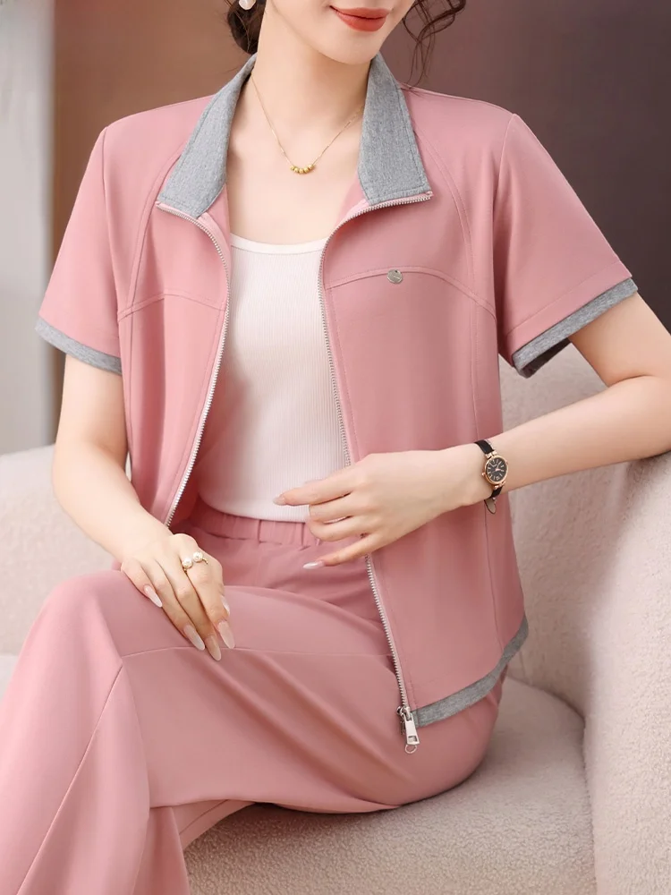 

Summer Casual Sportswear Set ort Sve T-irt Cardigan Sweatirt for Small Stature Mothers Loose Fit Long Pants