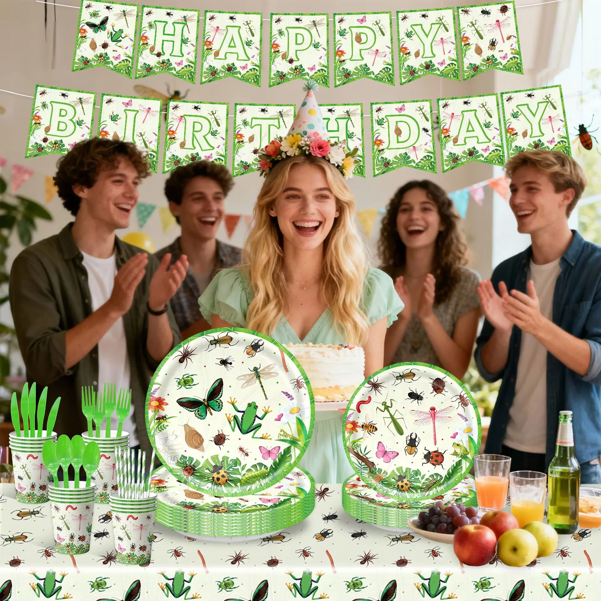 

Cartoon Insect Theme Birthday Party Decoration Disposable Tableware Plate Cup Tablecloth Bee Butterfly Backdrop Party Supplies