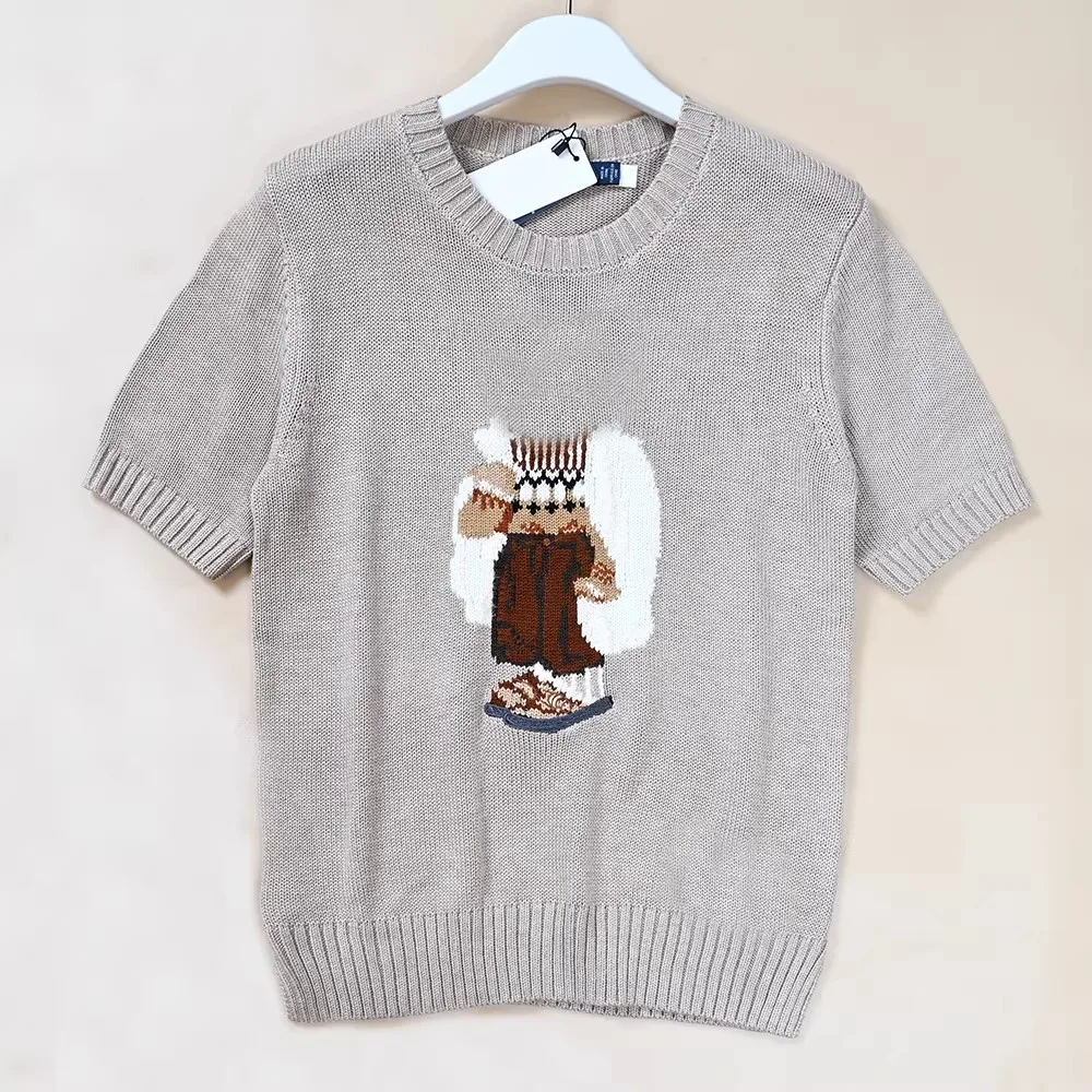 Ladies Cartoon Pattern Cotton Blend Knitted round Neck Short Sleeve Sweater Casual Comfortable Breathable Fashionable Top
